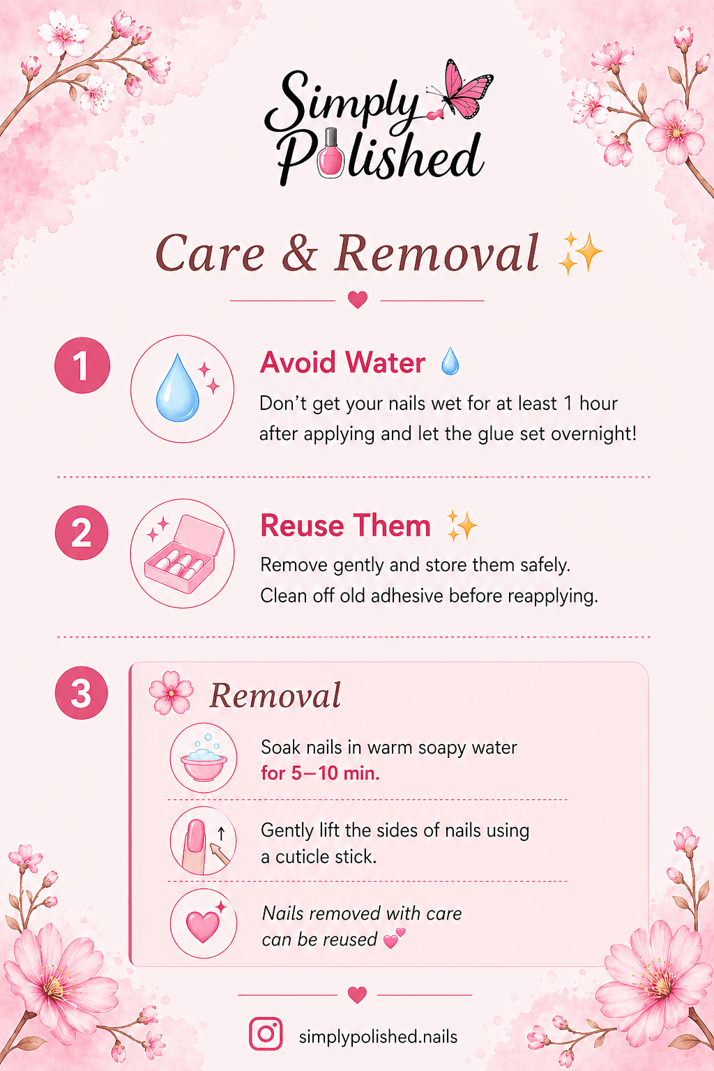 Simply Polished press-on nail care, removal, and reuse instructions.