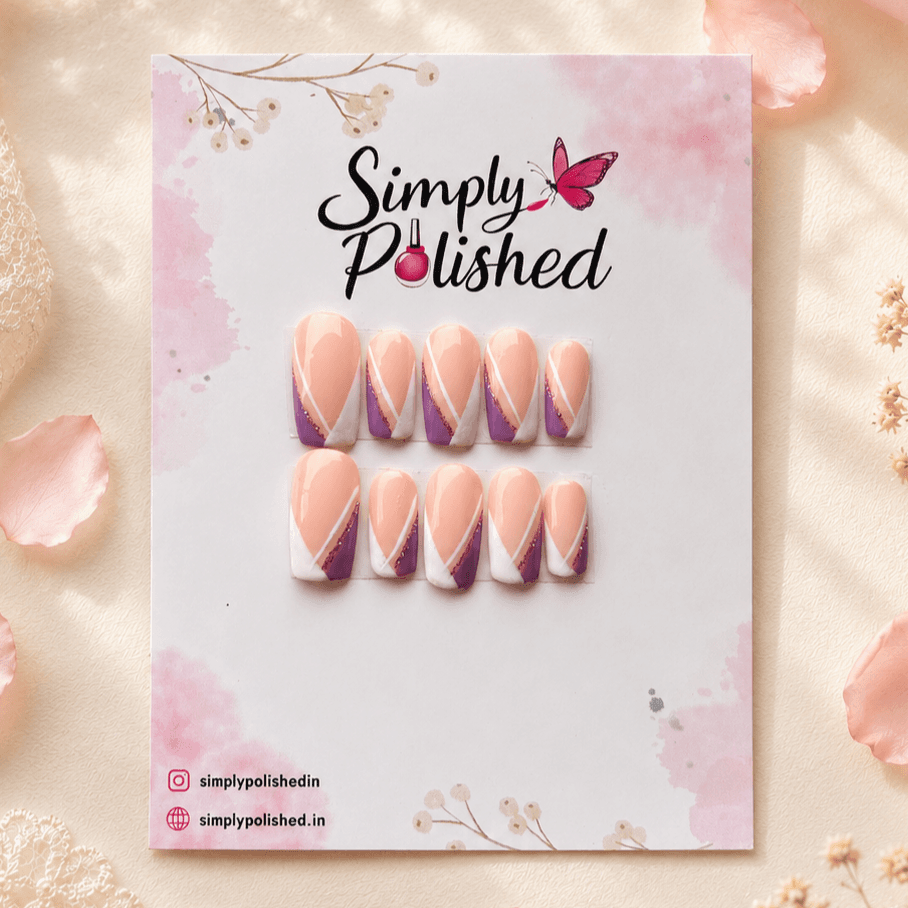 Handcrafted press-on nails with lilac purple glitter details and a glossy finish.