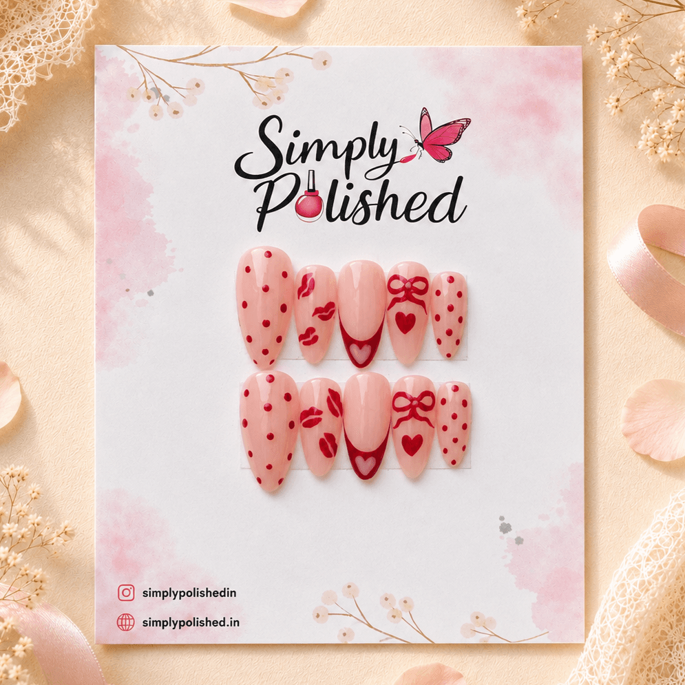 Handcrafted press-on nails with bold red lip art and a glossy soft gel finish.