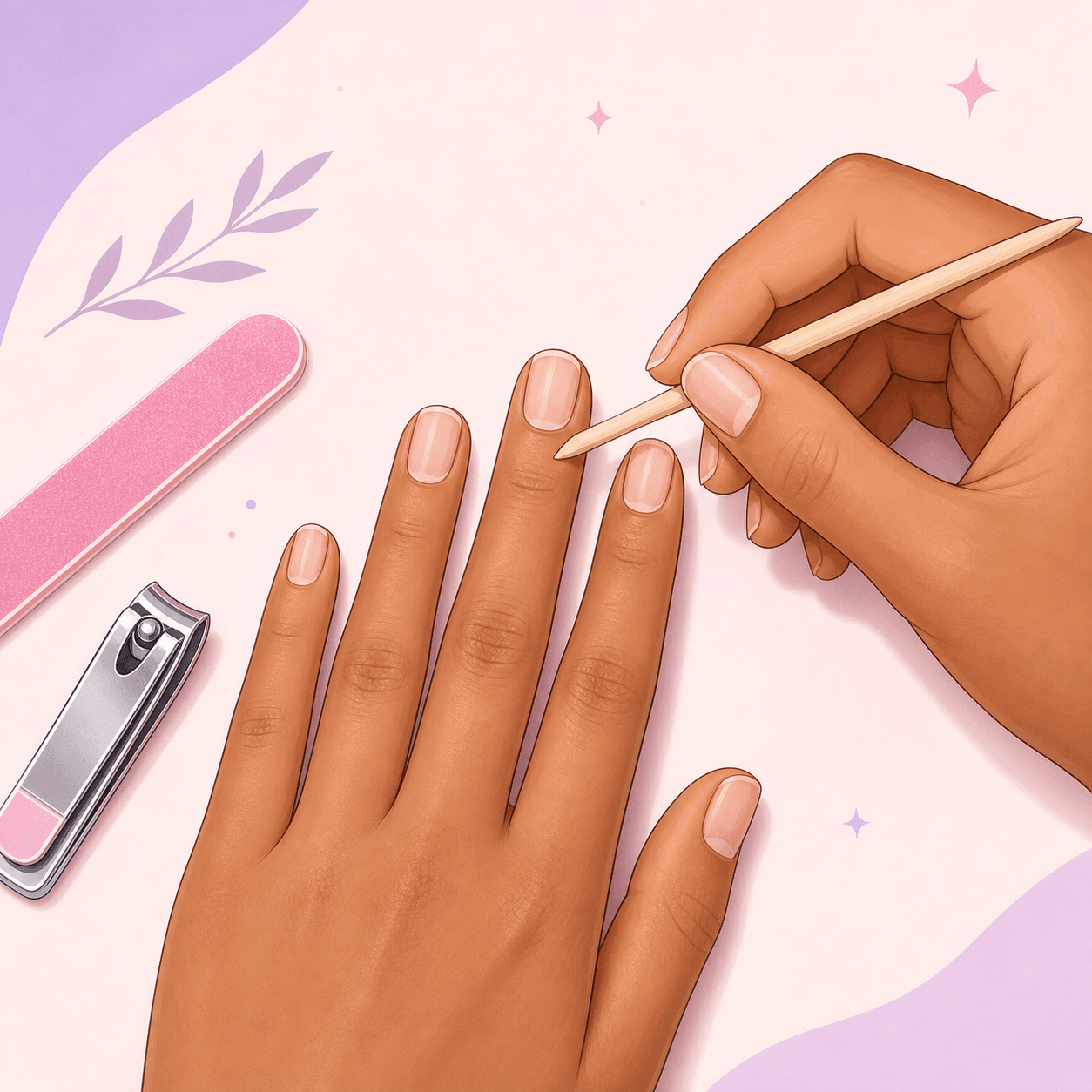 Illustration of gently pushing back a cuticle before applying press-on nails