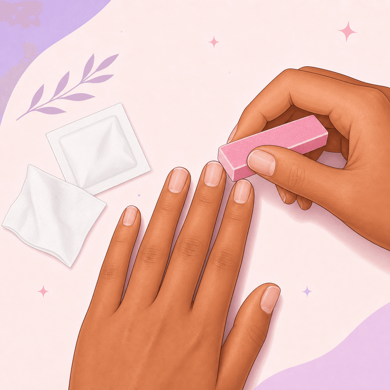 Illustration of lightly buffing a natural nail before cleaning it